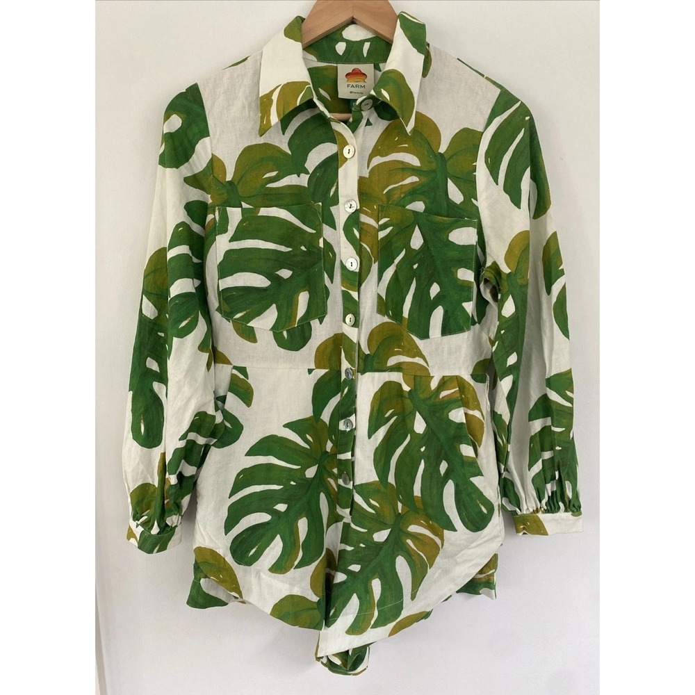 Farm Rio Linen Blend White Monstera Long Sleeve Romper XS Botanical Tropical